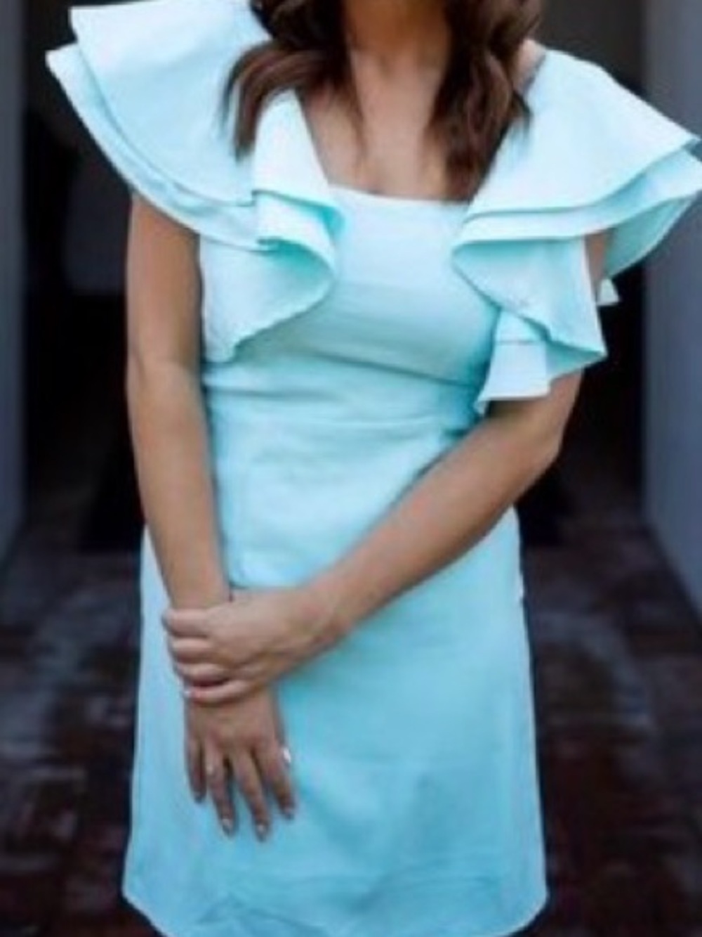 TCEC Aqua Ruffle-Shoulder Mini Dress